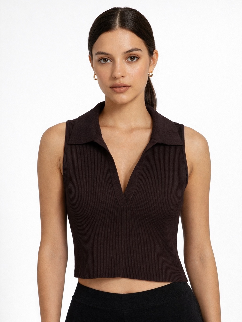 NWOT House of Harlow 1960 Black Ribbed Sleeveless Polo Crop Top Revolve Size L